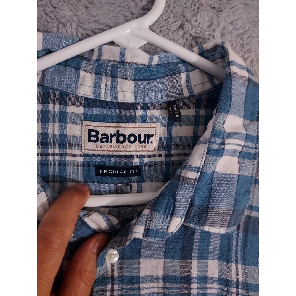 Barbour Shirt Mens Large Blue Plaid Lightweight Cotton Regular Fit Designer L - Picture 4 of 9